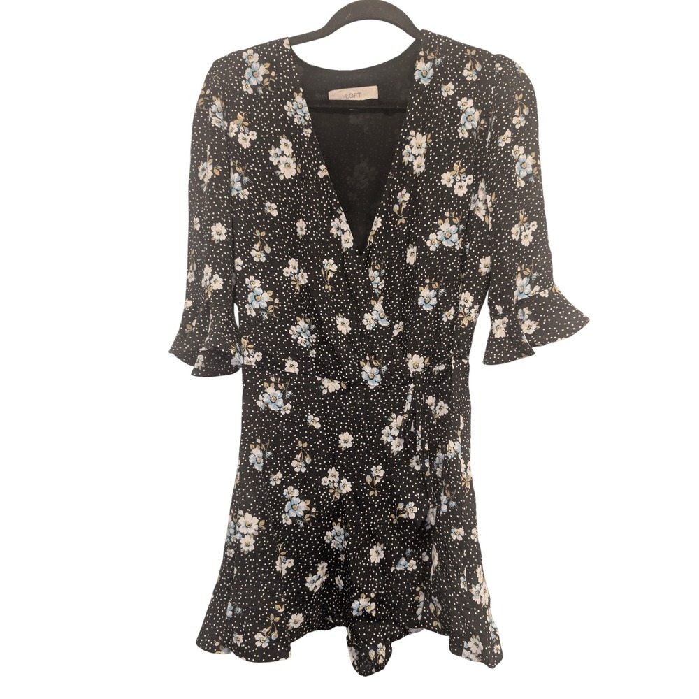 LOFT Floral Polka Dot Print Wrap Dress Ruffle Sleeves Cute Sz‎ 2 0295